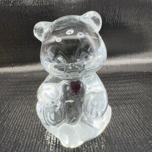 Vintage Fenton Clear Glass Bear Figurine Paperweight With Purple Amethyst Stone